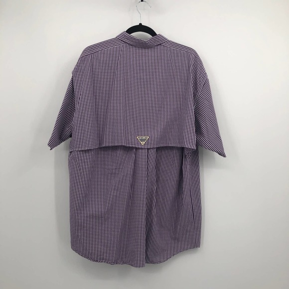 Columbia PFG Button Down Polo Shirt Short Sleeve Gigham Plaid Purple White Large - Picture 5 of 11